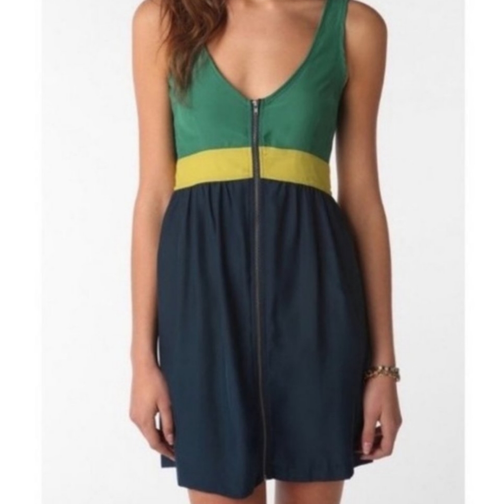 Urban Outfitters Green Yellow Navy Colorblock Zip Front Dress